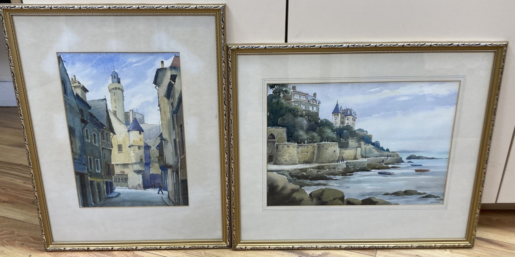 Billy Blamire, two watercolours, Scottish coastal landscape and Street scene, 28 x 39cm and 34 x 23cm